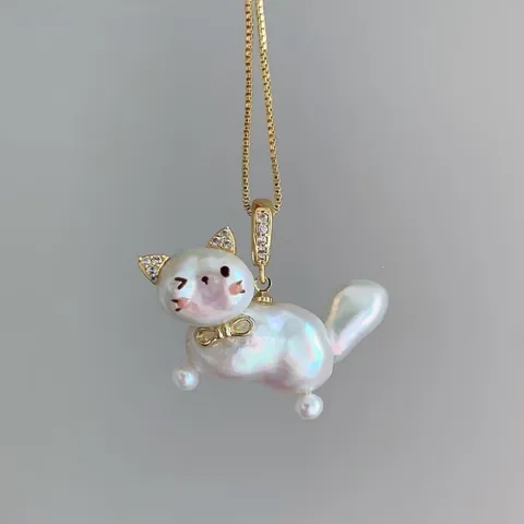 Cute Copper Artificial Pearl Cat Pendant Necklace For Women Elegant Rhinestone Animal Clavicle Chain Jewelry Gift