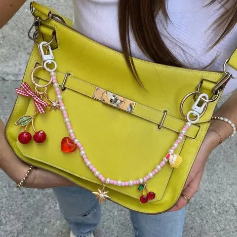 Mode Plaque Or 18K Cerise Coeur Sac Charme Porte-clés DIY Perle Artificielle Pendentif Perlé Accessoire Pour Femme