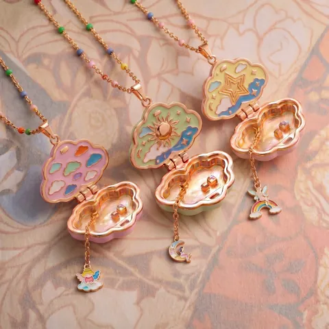 Traumhafte Kupfer Wolke Medaillon Halskette Mit Himmlischen Stern Mond Regenbogen Emaille Anhänger Galvanisierte Gold Schmuck Für Damen
