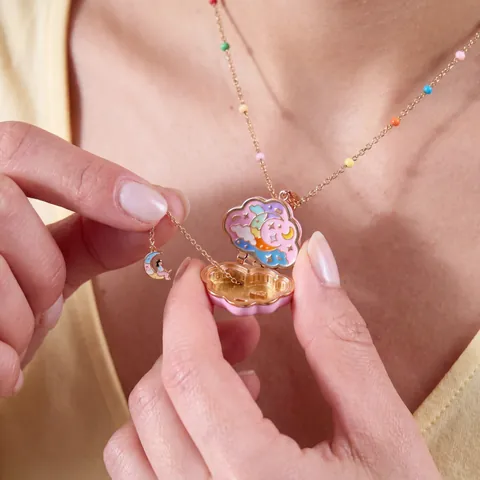 Traumhafte Kupfer Wolke Medaillon Halskette Mit Himmlischen Stern Mond Regenbogen Emaille Anhänger Galvanisierte Gold Schmuck Für Damen