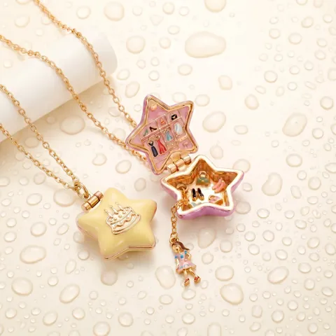 Whimsical Copper Gold Plated Star Opening Locket Necklace With Miniature Girl Scene Enamel Pendant For Women Kids Jewelry Gift