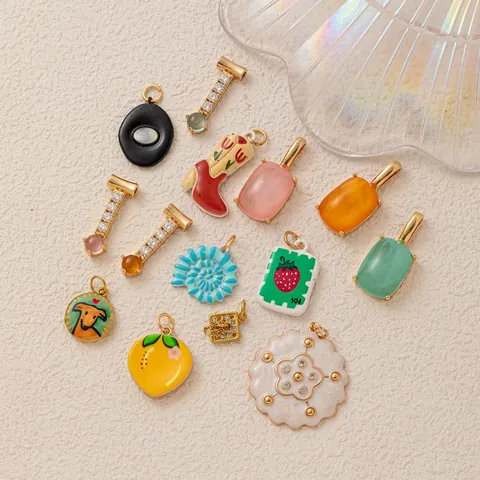 Mode Kupfer Vergoldet DIY Halskette Zubehör Strass Muschel Emaille Anhänger Für Schmuckherstellung Unisex Trendige Charms