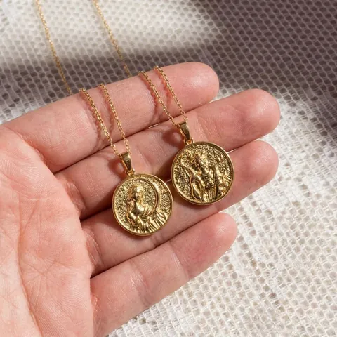 Vintage Copper Gold Plated Goddess Relief Coin Pendant Necklace For Women DIY Jewelry Making Accessories Paperclip Chain Necklace