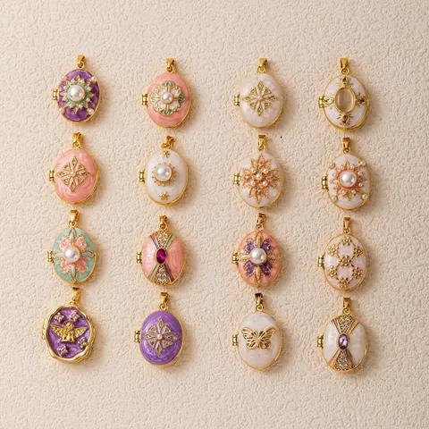 Ciondolo Medaglione in Rame Vintage Smaltato a Mano Placcato Oro 18K Cuore Ovale Apribile Con Strass Perla Artificiale per Donna Creazione Gioielli DIY
