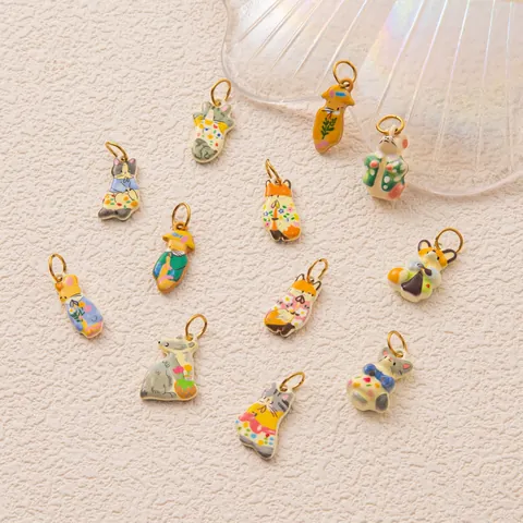 Stainless Steel Animal Fox Cat Mouse Pendants 18K Gold Plated Enamel Painted Charms Figaro Paperclip Chain Necklace For Women DIY Jewelry Making
