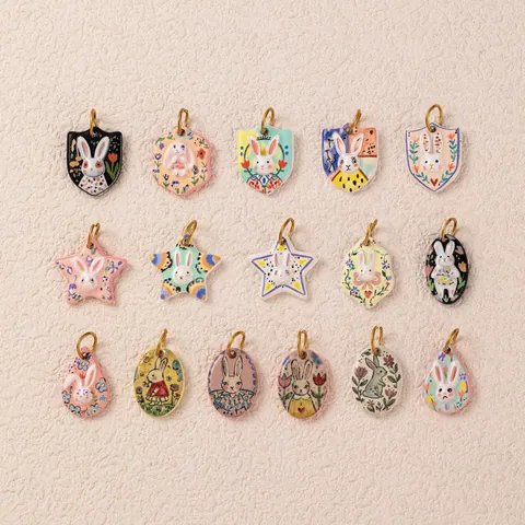 Stainless Steel Cartoon Rabbit Floral Print Pendant Necklace 18K Gold Plated DIY Accessories Star Heart Shaped Jewelry