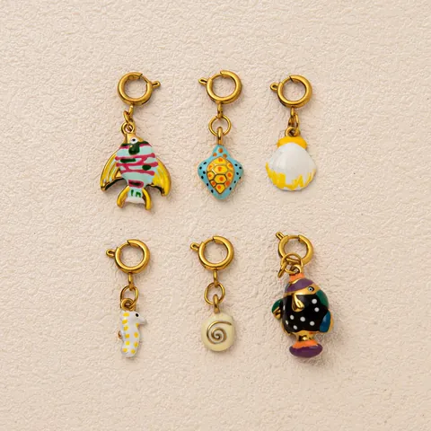 Colgante Criatura Marina de Acero Inoxidable Chapado en Oro 18K Esmalte Tortuga Pez Concha Charm DIY Joyería Mujer
