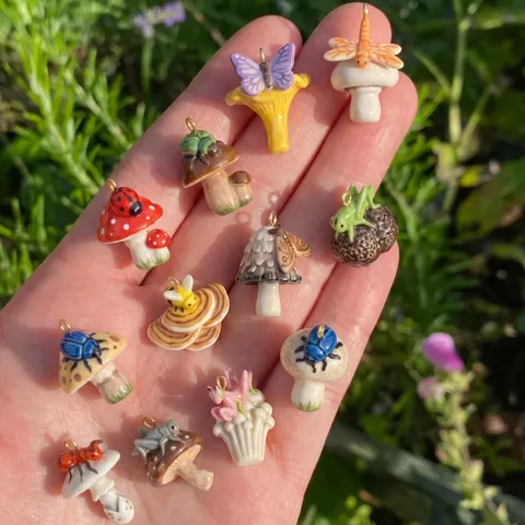 Colorful Mushroom Pendant Necklace For Women Copper Ceramic Cartoon Forest Style Insect Ladybug Butterfly Bee Mushroom Jewelry Gift