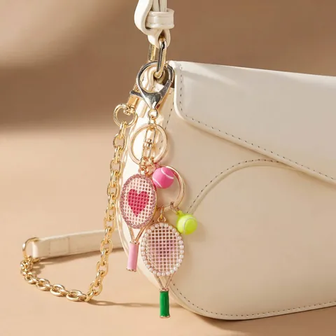 Sweet Heart Tennis Racket Bag Charm Alloy Rhinestone Artificial Pearl Keychain Sporty Fashion Jewelry Accessory For Women Bag Decor