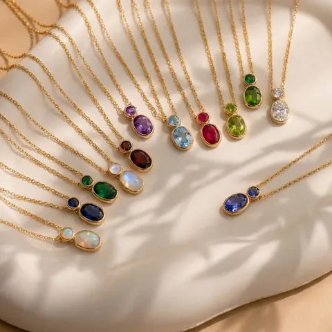 Minimalist Gourd Shape Double Stone Bezel Set Pendant Necklace Women Stainless Steel Chain Birthstone Choker Commuting Jewelry