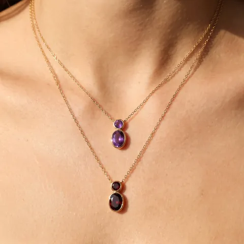 Minimalist Gourd Shape Double Stone Bezel Set Pendant Necklace Women Stainless Steel Chain Birthstone Choker Commuting Jewelry