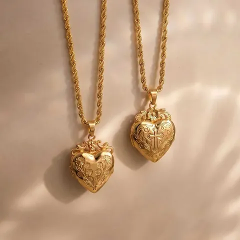 Vintage Engraved Heart Round Locket Necklace Gold Plated Copper Photo Box Pendant Retro Floral Star Cross Pattern Rope Chain Jewelry