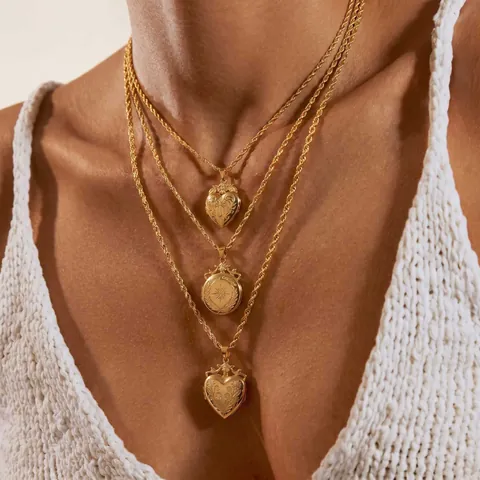 Vintage Engraved Heart Round Locket Necklace Gold Plated Copper Photo Box Pendant Retro Floral Star Cross Pattern Rope Chain Jewelry