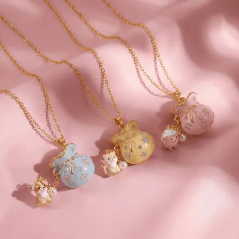 Cute Enamel Lucky Bag Animal Pendant Necklace Copper Rhinestone Artificial Pearl Dog Cat Sheep Charm Jewelry For Women Girl