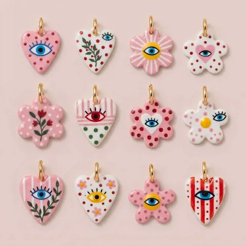 Colorful Heart Evil Eye Flower Printed Acrylic Pendant DIY Jewelry Accessory Bohemian Vintage Alloy Charm For Women Necklace Making