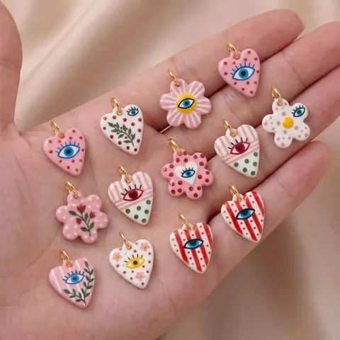Colorful Heart Evil Eye Flower Printed Acrylic Pendant DIY Jewelry Accessory Bohemian Vintage Alloy Charm For Women Necklace Making
