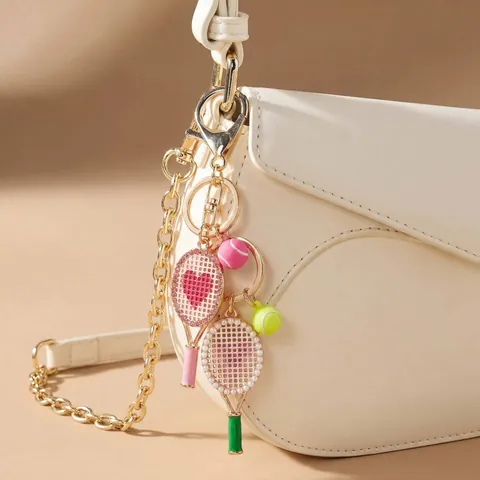 Sweet Heart Tennis Racket Bag Charm With Artificial Pearl Rhinestone Embellishment Sporty Girly Metal Keychain Handbag Pendant Decoration