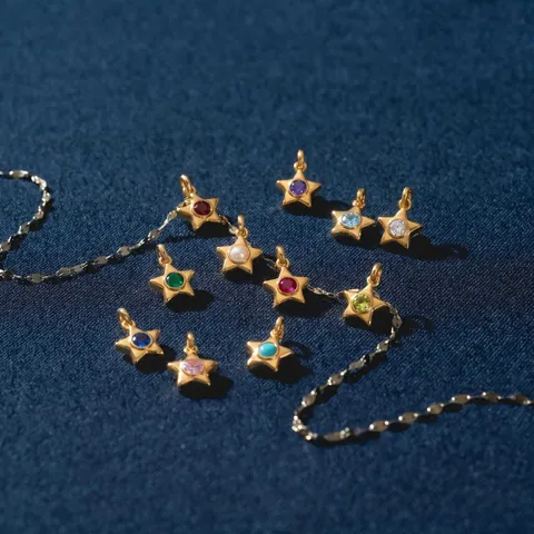 Stainless Steel Birthstone Star Pendant Necklace Rhinestone Inlaid Five-Pointed Star DIY Jewelry Accessory For Women Birthday Gift