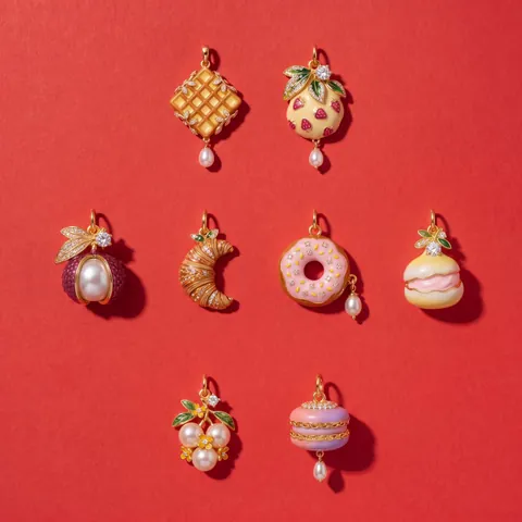 Copper Gold Plated Food Series Pendant Charm With Rhinestone Artificial Pearl Enamel Waffle Donut Croissant Strawberry For DIY Jewelry Making Necklace