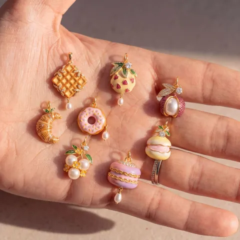 Copper Gold Plated Food Series Pendant Charm With Rhinestone Artificial Pearl Enamel Waffle Donut Croissant Strawberry For DIY Jewelry Making Necklace