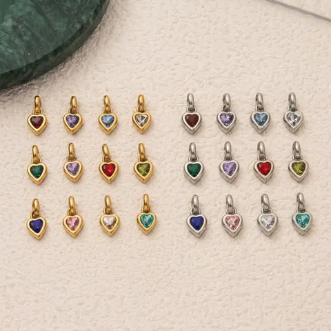 316 Stainless Steel Heart Birthstone Pendant Rhinestone Pave DIY Jewelry Accessories Gold Silver Metal Heart Charm For Women Men
