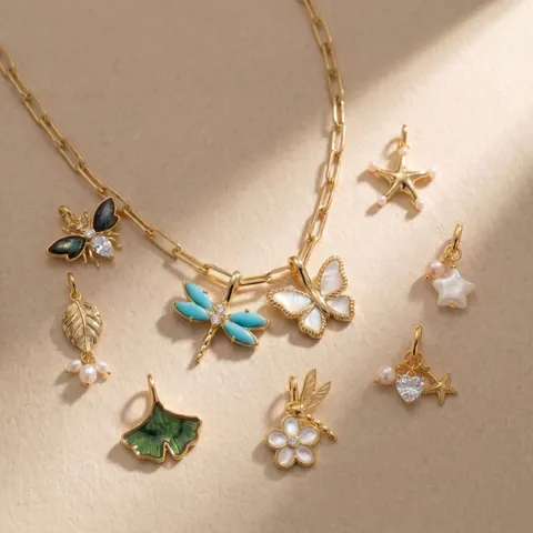 Stainless Steel Insect Butterfly Bee Dragonfly Pendant Necklace Gold Plated Rhinestone Artificial Pearl Floral Jewelry For Women