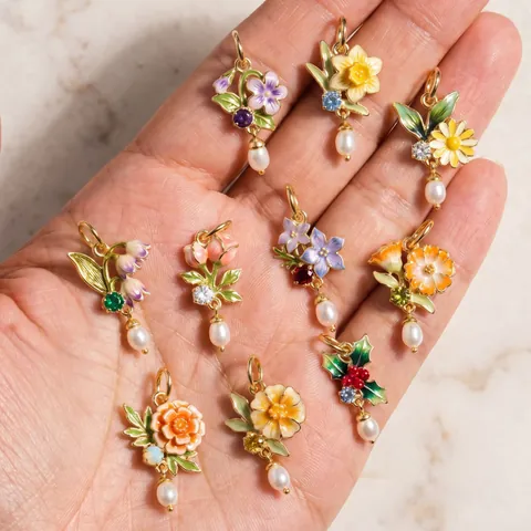 Vintage Copper Enamel Birth Flower Pendant Necklace With Rhinestone Birthstone Artificial Pearl For Women Fashion Jewelry