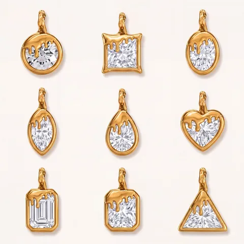Stainless Steel Melting Gold Liquid Effect Rhinestone Pendants 18K Gold Plated Heart Round Square Geometric DIY Jewelry Making Finding Accessories