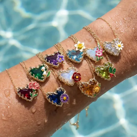 Kupfer Vergoldet Herz Geburtsstein Anhänger Halskette Mit Emaille Blumen Süßes Kleines Design Schmuck Geburtstag Geschenk Damen