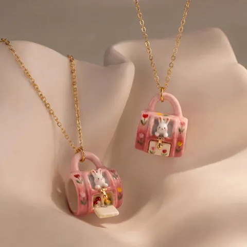 Healing Micro-Scene Mug Pendant Necklace Copper Ceramic-Look PVC Decoration Cartoon Bunny Cat Girl Jewelry For Women Gift