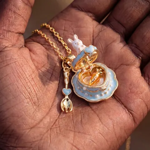 Miniature Healing Rabbit Cake Locket Necklace Ring Macaron Enamel Copper Pendant Sweet Girly Heart Jewelry Gift For Women
