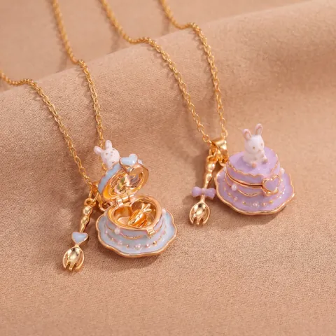 Miniature Healing Rabbit Cake Locket Necklace Ring Macaron Enamel Copper Pendant Sweet Girly Heart Jewelry Gift For Women