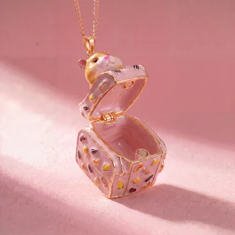 Cute Animal Suitcase Opening Necklace Copper Enamel Rhinestone Cat Dog Hamster Miniature Box Pendant Jewelry For Girls Women