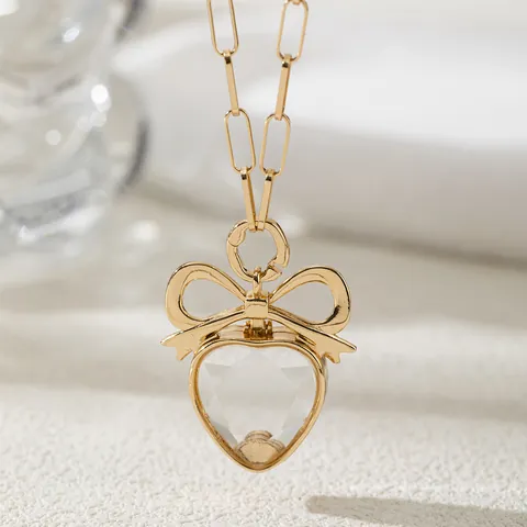 Collar con Colgante de Relicario de Vidrio con Lazo de Corazón Magnético DIY Oro Cobre Circonia Joyería de Moda para Mujer