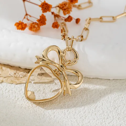 Collar con Colgante de Relicario de Vidrio con Lazo de Corazón Magnético DIY Oro Cobre Circonia Joyería de Moda para Mujer