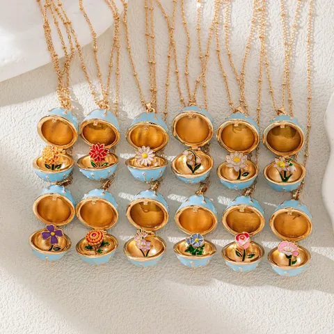 Vintage Fabergé Style Enamel Flower Locket Necklace For Women Copper 14K Gold Plated 12 Months Birth Flower Round Box Pendant