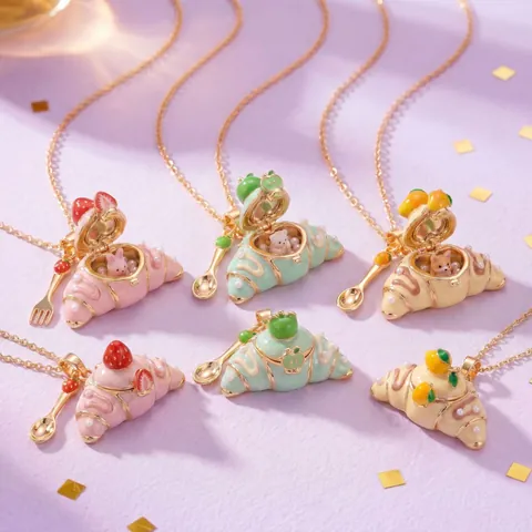 Süße Croissant-Anhänger Halskette Für Damen Kupfer Emaille Tier Schmuck Mit Mikro Eichhörnchen Hase Bär Corgi Katze Innen Goldkette