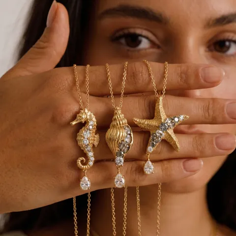 Goldbeschichtete Edelstahl Ozean Thema Anhänger Halskette Strass Eingelegt Seepferdchen Seestern Muschel Wassertropfen Schmuck Für Damen