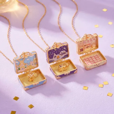 Opening Mini Suitcase Pendant Necklace Enamel Copper Jewelry Bakery Windmill Camping Mushroom Candy Micro Landscape Necklace Gift