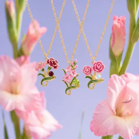 Birth Month Flower Enamel Pendant Necklace Copper Gold Plated Rhinestone Botanical Floral Jewelry Birthday Anniversary Gift for Women