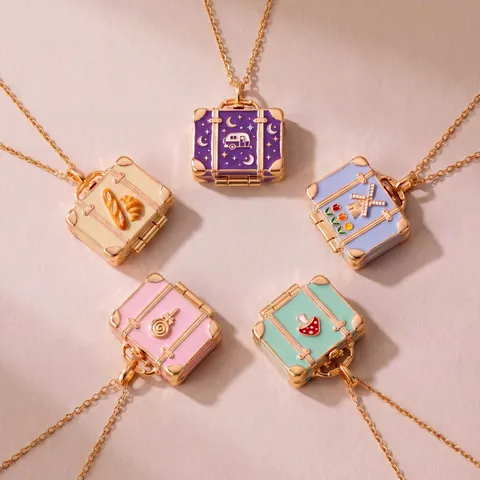 Opening Mini Suitcase Pendant Necklace Enamel Copper Jewelry Bakery Windmill Camping Mushroom Candy Micro Landscape Necklace Gift