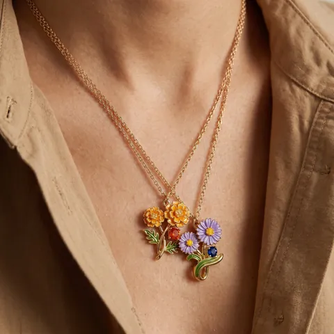Birth Month Flower Enamel Pendant Necklace Copper Gold Plated Rhinestone Botanical Floral Jewelry Birthday Anniversary Gift for Women