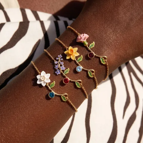 Stainless Steel Enamel Flower Bracelet Birth Month Rose Daisy Rhinestone Fine Chain Bracelet Jewelry For Women Gift