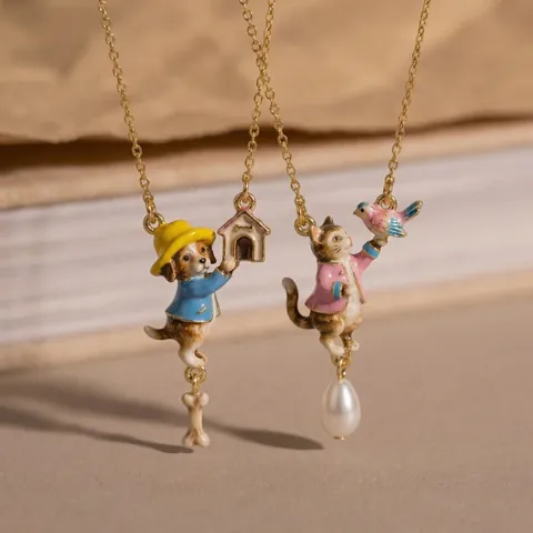 Collana con Pendente Animale Fiaba Rame Smalto Gatto Uccello Cane Casa Stile Retrò Placcato Oro Gioielli Moda Donna