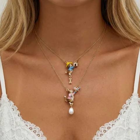 Collana con Pendente Animale Fiaba Rame Smalto Gatto Uccello Cane Casa Stile Retrò Placcato Oro Gioielli Moda Donna