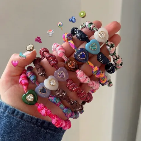 Adjustable Heart Handmade Woven Cord Bracelet For Women Dopamine Color Blocking Drawstring Bracelet With Rhinestone Heart Pendant Jewelry Gift