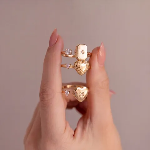 Anillo de Relicario de Oro Vintage para Mujer Anillo Abierto Ajustable Collar con Colgante de Relicario Corazón Cuadrado Marco de Fotos Joyería Conmemorativa Con Strass