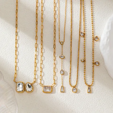 Stainless Steel Paperclip Chain Layered Necklace For Women Geometric Rhinestone Pendant Y Shaped Choker Luxury Jewelry