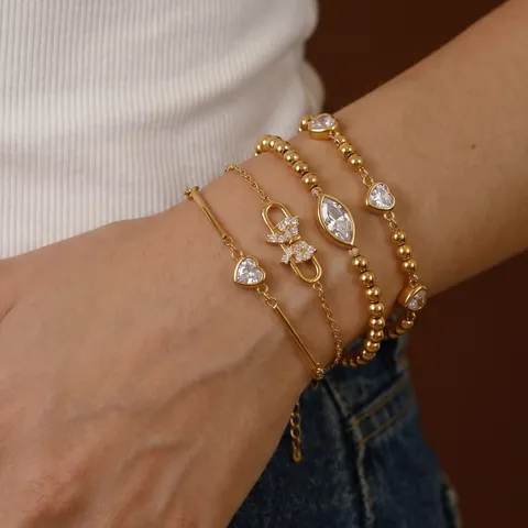 Elegantes Edelstahl Vergoldetes Armband Für Damen Mit Herz Schleife Und Marquise Strass Anhängern Zarte Zierliche Kette Schmuck Geschenk