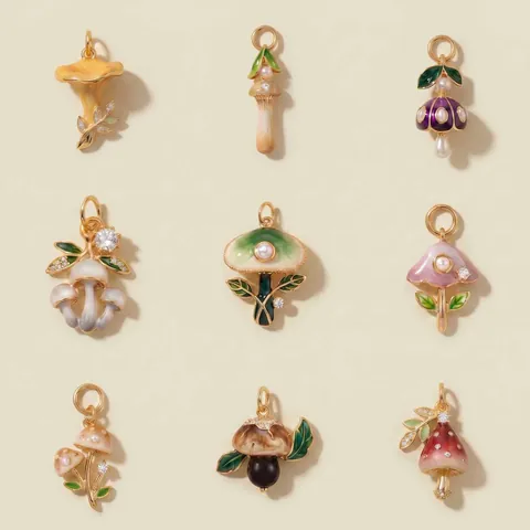 Cartoon Colorful Mushroom Pendants Copper Enamel Charms Gold Plated Artificial Pearl Rhinestone DIY Jewelry Making Accessories